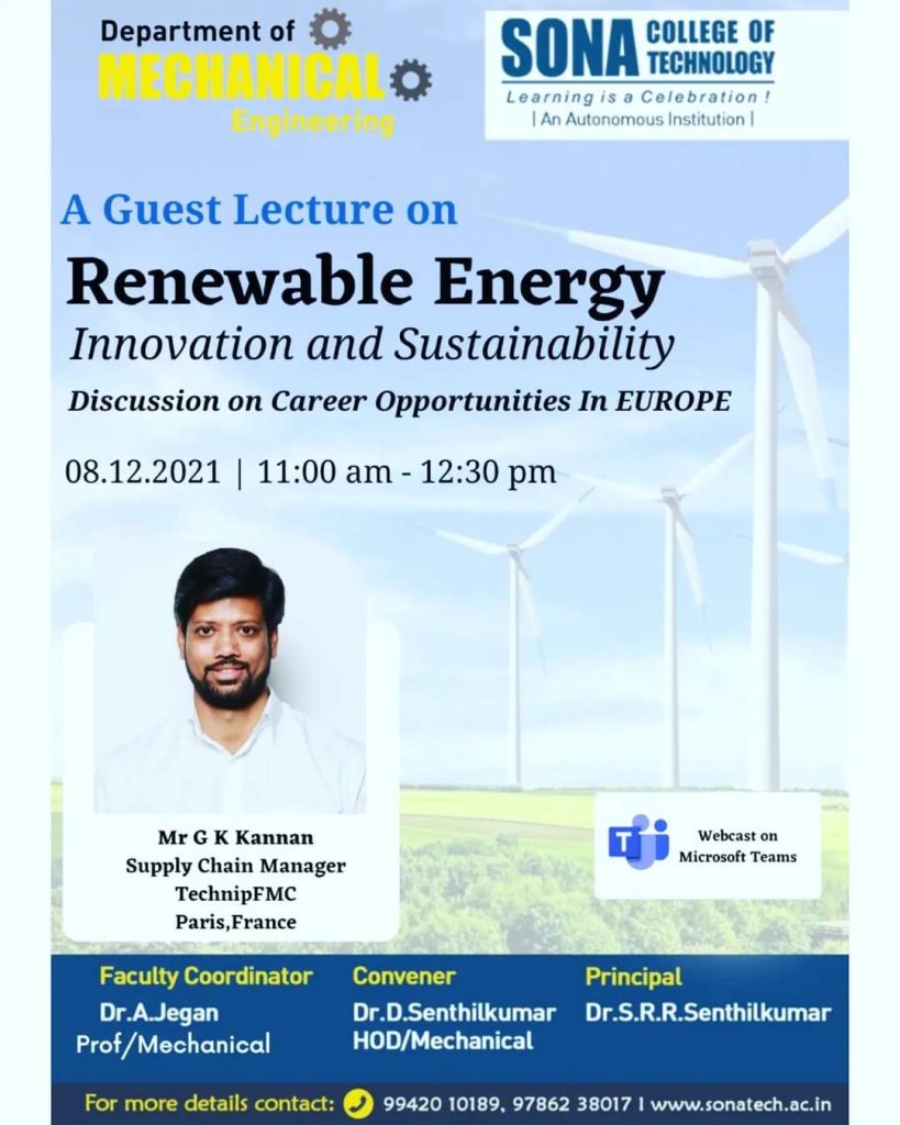 A GuestLecture on Renewable Energy - Innovation and Sustainability & Discussion on Career Opportunities In EUROPE