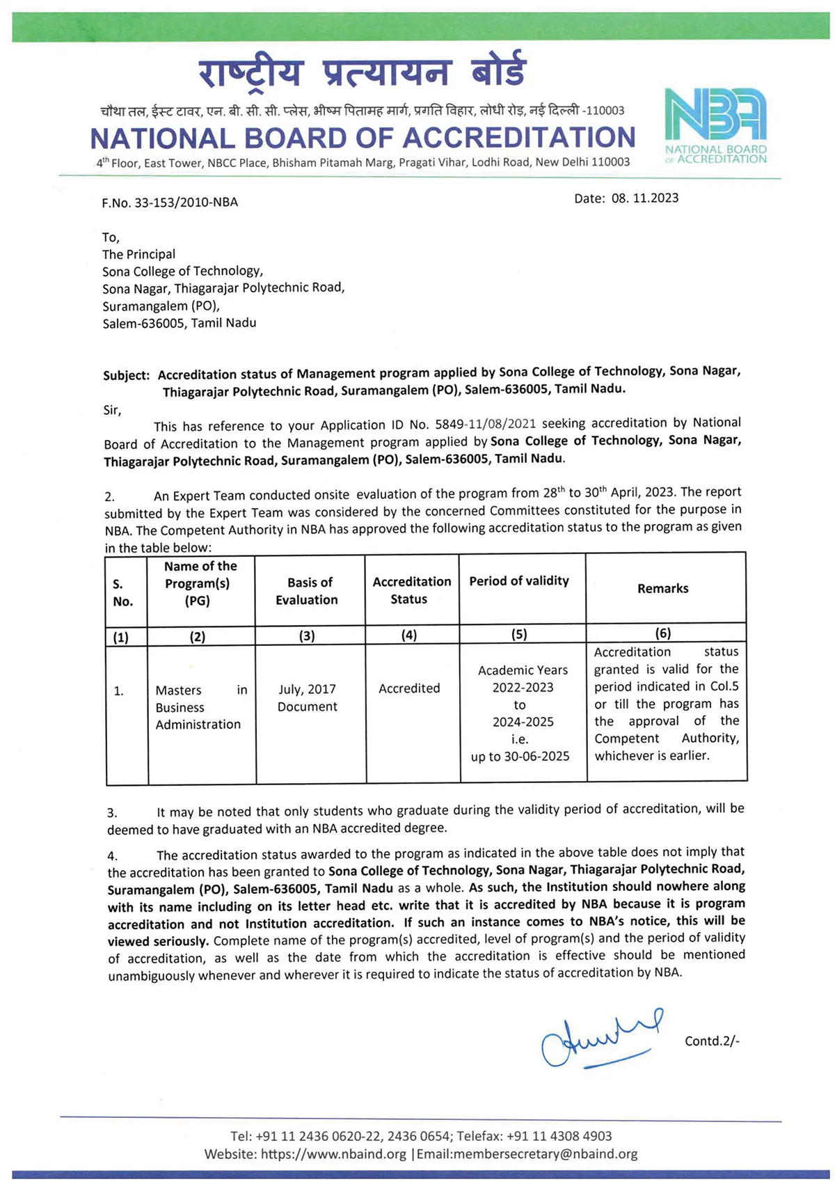 mba accreditation sona college