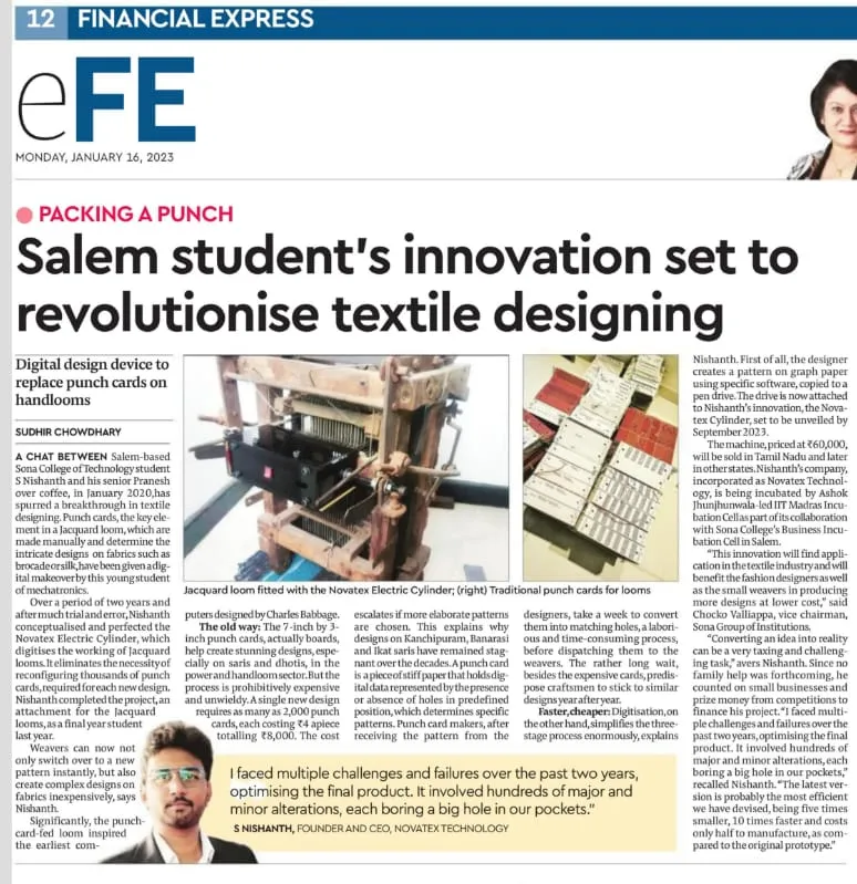 Sona student's innovation set to revolutionise textile designing