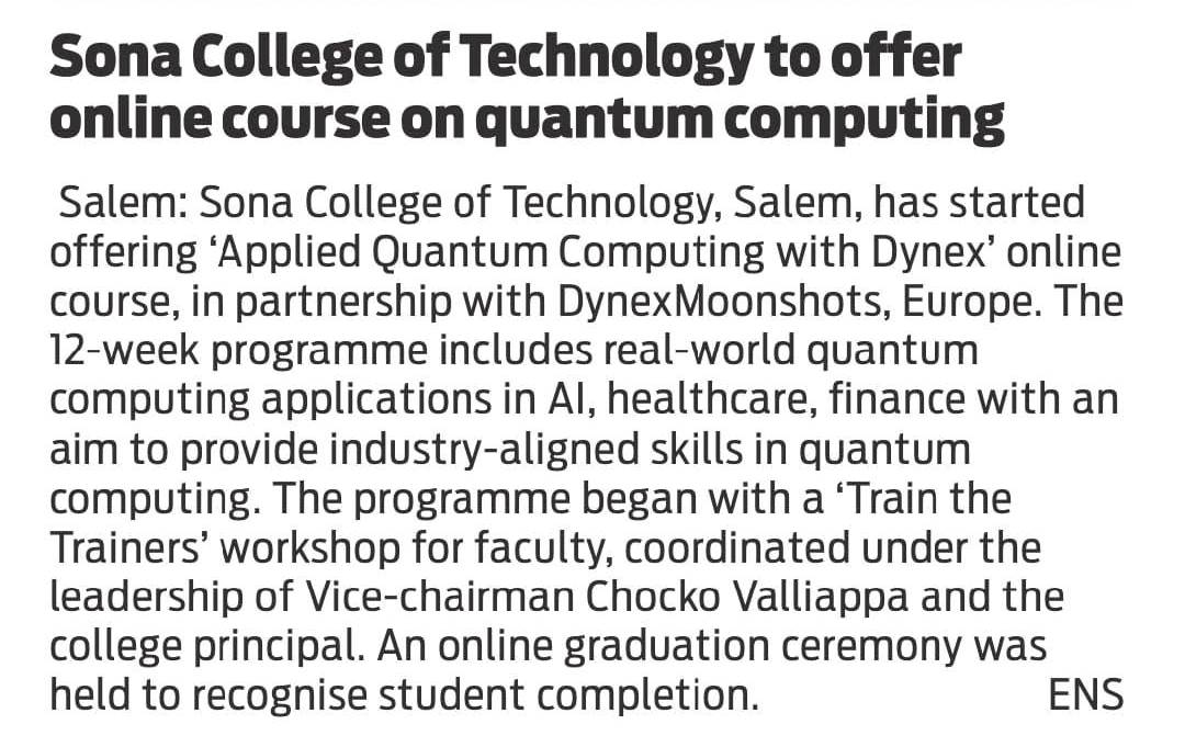 Sona College of Technology Launches Online Course on Quantum Computing