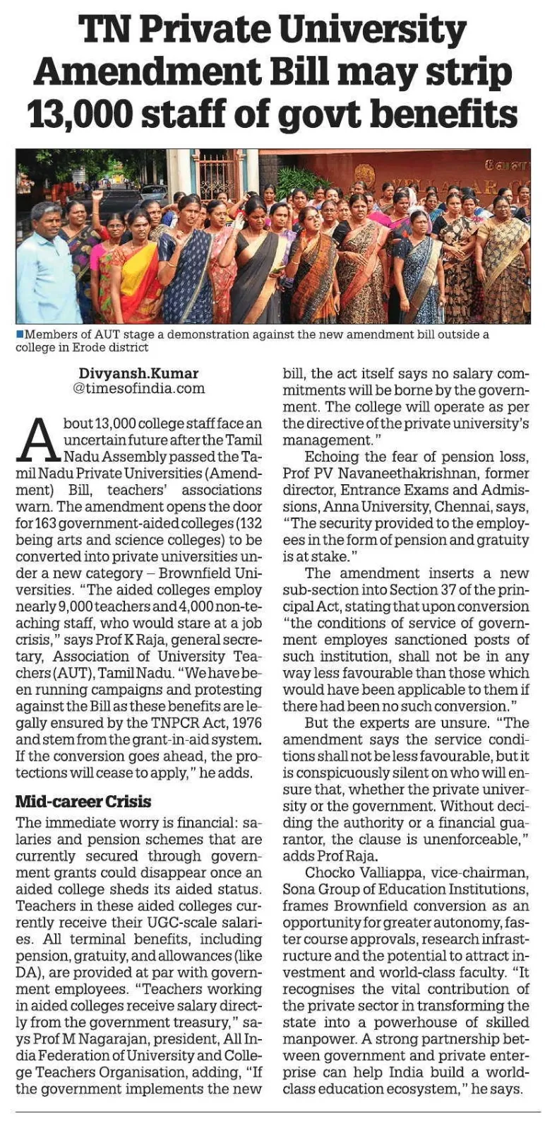 TN Private University Bill May Affect 13,000 College Staff in Tamil Nadu